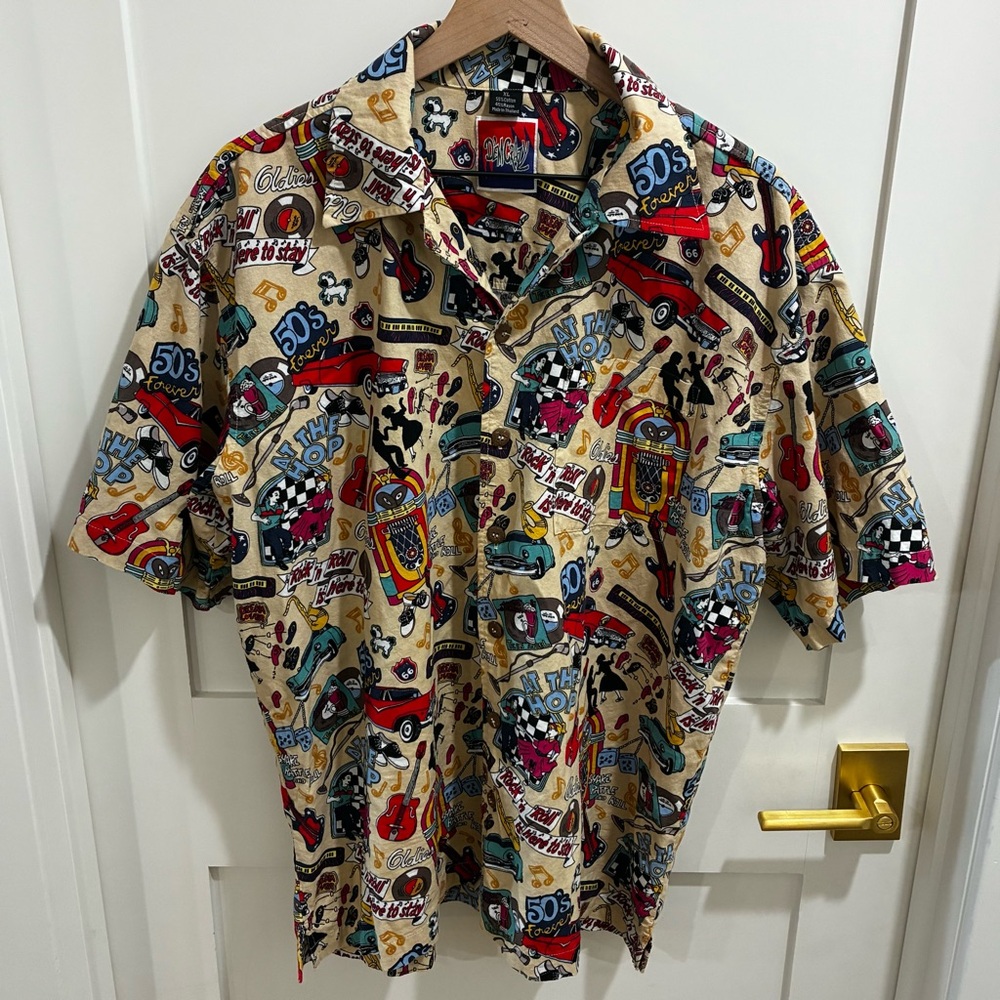 Vintage D’Crazy 50s Rock & Roll Novelty Print Shirt Men’s XL Rockabilly